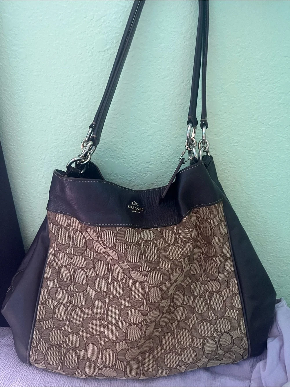 COACH Brown Signature Canvas and Dark Brown Leather Shoulder Bag